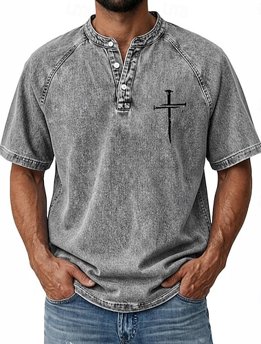  Herren Kreuz Jeans hemden Hemd aus 100 % Baumwolle in Säurewaschung Henley Oberteil Kurzarm Vintage Lässig Betrübt Lässig Heim Straße Frühling & Sommer Herbst Winter Sommer Schwarz Rosa Leicht Grün