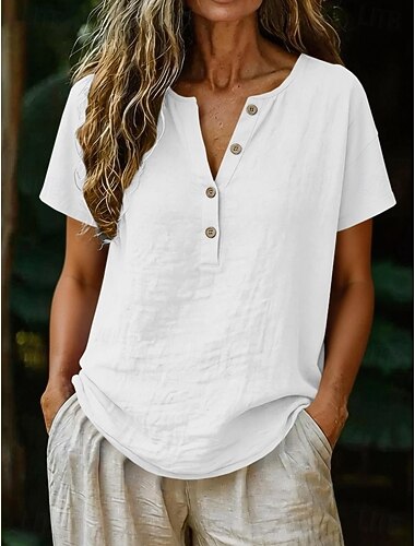  Dame Skjorte Helfarve Vanlig Elegant Ferie Daglig Kortærmet V-hals Lange toppe Daglig Streetwear Strand Blå Hvid Lyserød Kakifarvet Mørkeblå Sommer Forår