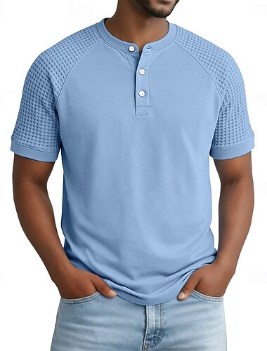  Pánské Waffle Henley košile Tričko Top Krátký rukáv Henley Léto Jaro Celý rok Pevná barva Módní Designové Na běžné nošení Knoflíky Klínové rukávy Ležérní Denní Venkovní Světle modrá Šedá Námořnick