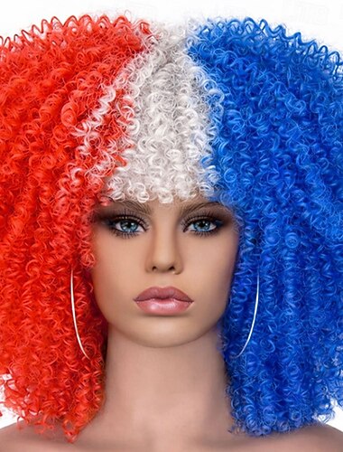  Perruque de supporter USA 2026 - Gros afro rouge blanc et bleu pour supporter de football