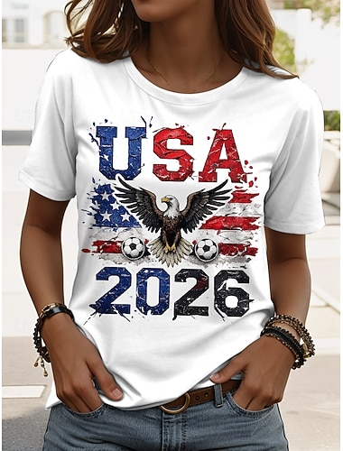  Weltfußballspiel 2026 Damen T-Shirt Print Grafik Stilvoll Klassisch Freizeit Kurzarm Rundhals Reguläre Oberteile Tägliche Blau Schwarz Weiß Rot Sommer Frühling
