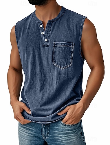  Herre vintage singlet 100 % bomull syrevasket undertrøye ermeløs henleyskjorte sommer høst ensfarget motedesigner klassisk ferie gate svart rosa blå topp t-skjorte for menn