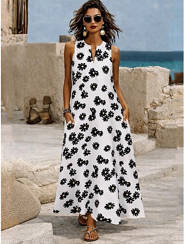  Damen Maxikleid Sommerkleid A Linie Kleid Urlaub Lässig Boho Täglich Ferien Normale Passform Blumen Grafik Ärmellos V Ausschnitt Neckholder Weiß Sommer Frühling