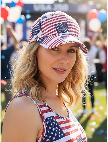  Patriottische baseballpet voor dames van polyester, met diverse prints van de Amerikaanse vlag, verstelbare pasvorm, perfect voor de viering van het 250-jarig bestaan van de VS, Onafhankelijkheidsdag en als casual pet voor dagelijks gebruik.