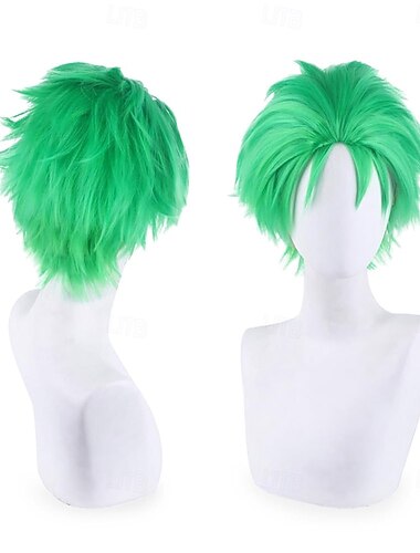  Peruca curta e espetada verde brilhante de aventureira do oceano para festa de cosplay.