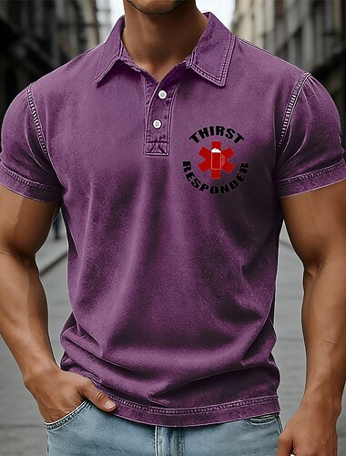  Voor heren Grafisch Acid Wash-shirt 100% Katoen Korte mouw Poloshirt Overhemden met kraag Casual Buiten Feestdagen 3D-afdrukken Knop Lente zomer blauw Paars Bruin