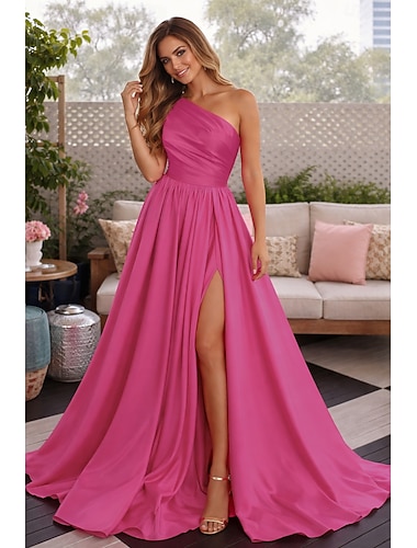  A-lijn Tot de grond Galajurken Avondjurken Baljurk  Formele kleding Elegant minimalistische Mouwloos Eén-schouder Schoolfeest Bruiloft gast Satijn met Plooien Split