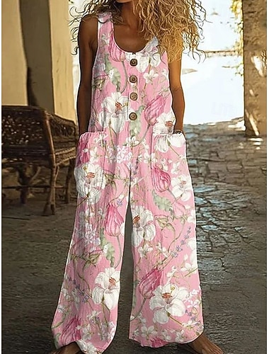  Damen-Jumpsuit aus Leinenimitat mit normalem Schnitt, Blumenmuster, ärmellos, weitem Bein, U-Ausschnitt, Taschen und Knöpfen, für Freizeit, Urlaub und Sommer. Weiß, Rosa, Grün.