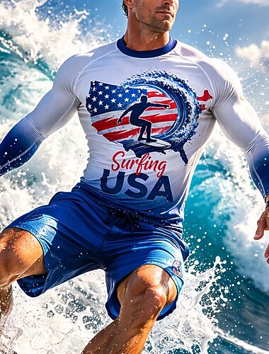  Voor heren Standaard Amerika's 250e verjaardag Independence Day Uitslagbescherming Zwemshirt Alfabet Nationale vlag UPF50+ UV-Bescherming Sneldrogend Lange mouw Zwemkleding Uitslagbescherming Surfen