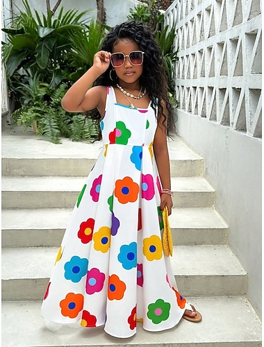 Infantil Para Meninas Vestido Vestido florido Floral Sem Manga Ao ar livre Festa Escola Férias Moda Diário Poliéster Longo Vestido A Line Verão 4 anos + Branco