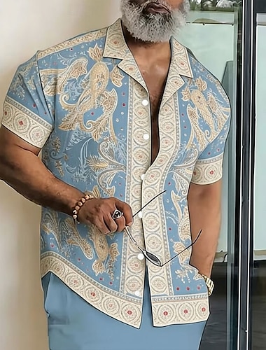  Pánské Kašmírový vzor Květiny Geleneksel Košile Košile na knoflíky Táborová košile Krátký rukáv Vintage Retro Streetwear Dovolená Léto Jaro Kubánský límec 3D tisk Vodní modrá Světlá růžová Trávov