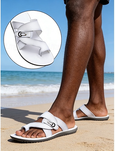  Hvite strandsandaler med doble stropper for menn – lette, justerbare, polstrede såler, ideelle for strandferie og bruk ved bassengkanten