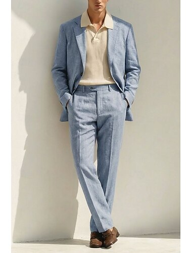  Heren Smoking Linnen pakken Lente bruiloft Casual Marineblauw Hemelsblauw Lente zomer Pak Ingesneden revers Modieus Casual Effen Strak 2-delige set Enkele rij knopen met twee knopen