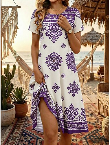  Damen Knielanges Kleid Boho-Kleid Strandkleid Sommerkleid Vintage Gotisch Täglich Strand Wochenende Normale Passform Blumen Kurzarm Rundhalsausschnitt Purpur Sommer Frühling