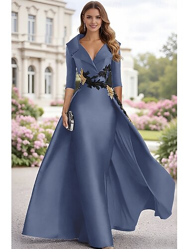  A-lijn Tot de grond Avondjurken Elegant 3/4 mouw Overhemdkraag Formeel Satijn met Appliqués