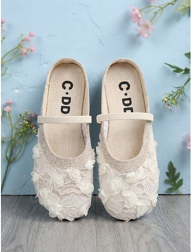  Beige muiltjes met bloemenkant voor dames - comfortabele linnen schoenen met elastische band voor casual uitjes, een picknick in het park en dagelijks gebruik.