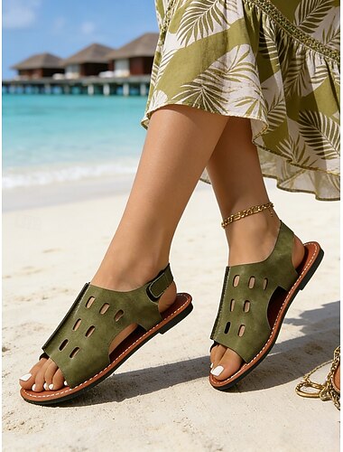  Sandales à bout ouvert perforées vert armée pour femmes - modèles ajourés respirants, chaussures décontractées légères idéales pour l'été, les voyages, les loisirs de plein air et le quotidien