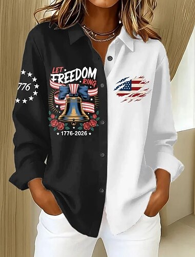  Amerikai Függetlenség Napja Női Ing Gombok Nyomtatott Grafika Amerika Évfordulója Vintage Stílusos Modern Hosszú Ujjú Ing Gallér Szabványos Felsők Napi Kék Fekete Nyár Tavasz