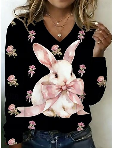  Ostern Damen T Shirt Druck Grafik Tiermotiv Geometrisch Mode Stilvoll Klassisch Langarm V Ausschnitt Normale Oberteile Täglich Wochenende Schwarz Rosa Sommer Frühling Herbst