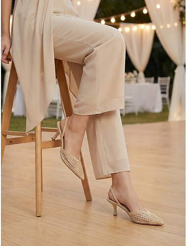  Dames pumps met slingback en kittenhak in nude mesh met geweven details, elegante schoenen voor de moeder van de bruid voor een tuinbruiloft, pumps met spitse neus en lage hak voor een ceremonie in de