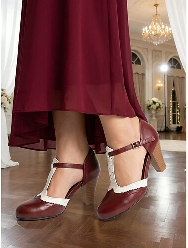  Damesbruidsschoenen met bordeauxrode en witte T-bandjes - elegante retro pumps met middelhoge hak en tweekleurig design, perfect voor de moeder van de bruid, kerkelijke ceremonies en formele recepties.
