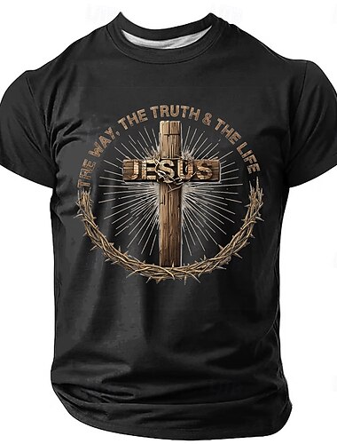  T-shirt de la Bible pour hommes Jésus le chemin la vérité la vie croix en bois couronne d'épines foi chrétienne T-shirt graphique à manches courtes col rond verset biblique T-shirt d'église vêtements