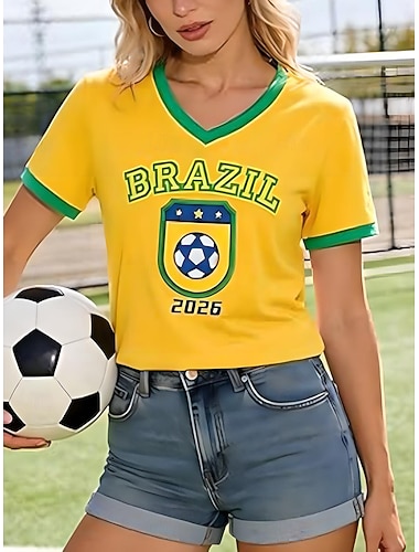  Weltfußballspiel 2026 Damen T-Shirt Print Grafik Fußballteam Stilvoll Freizeit Kurzarm V-Ausschnitt Reguläre Oberteile Tägliche Blau Weiß Gelb Königsblau Grün Sommer Frühling