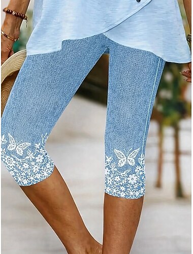  Dámské Capri kalhoty Kalhoty chinos Legíny prázdniny Vinobraní Šik ven Telecí délka Vysoký pas Květinový Grafika Potisk Tisk Pohodlné Yumuşak Elastické Denní Venkovní Dovolená Vodní modrá Léto Jaro