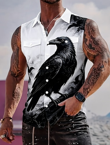  Per uomo Uccello Corvo Raven Camicia Camicia con Bottoni Maglietta senza maniche Senza Maniche Stile gotico oscuro All'aperto Casual Estate Primavera Collo ripiegato Stampa 3D Due tasche anteriori