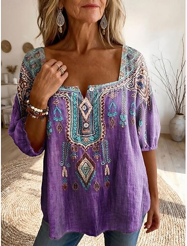  Mulheres Blusa Imprimir Floral Gráfico Estampado Cashemere Diário à moda Básico Meia Manga Decote Quadrado Tops regulares Diário Azul Roxo Verde Verão Primavera
