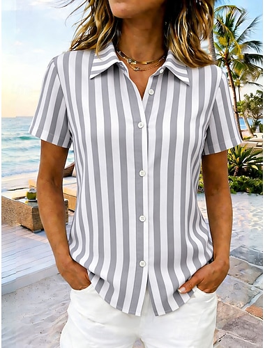  Mulheres Camisa Social Gráfico Geométrica Listrado Vintage Tropical à moda Manga Curta Colarinho de Camisa Tops regulares Diário Azul Preto Vermelho Cinzento Verão Primavera