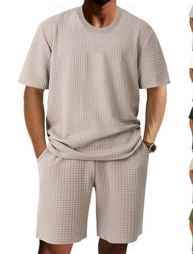  Herr Våffelskjorta T-shirtkostymer Träningsoverall Tennisskjorta Kort ärm Rund hals Sommar Ensfärgat Gymnastik Ledigt 2 st Ledigt Semester Dagliga kläder Svart Vit Khaki grön Topp t-shirt för män