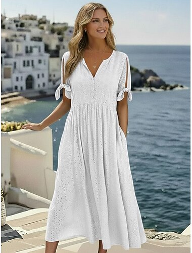  Damen Midikleid Weißes Kleid A Linie Kleid Faltenkleid Einfarbiges Kleid Elegant Mode Modern Lässig Täglich Outdoor Lässiger Schnitt Einfach Kurzarm V Ausschnitt Blau Schwarz Weiß Rosa Sommer Frühling