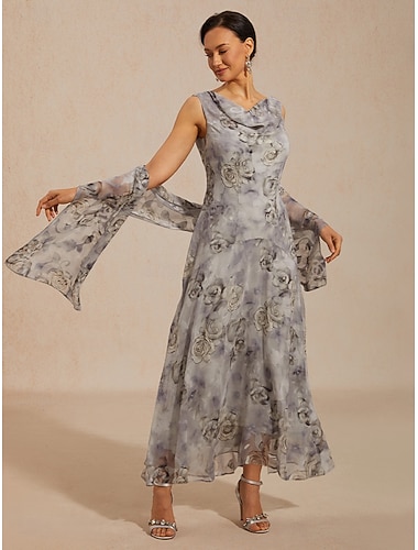  نسائي فستان طويل فستان من الشيفون فستان خفيف فستان شكل حرف A أنيق العطلة مناسب للبس اليومي عطلة ضيف حفل زفاف ورد بدون كم رقبة درابيه رمادي خفيف