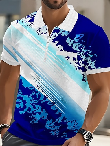  4. Juli 2026 250. Herren Geometrisch Marmor Poloshirts Kurzarm Polo-Shirts Hemden mit Kragen Lässig Outdoor Athleisure Ferien Tasche 3D-Druck Viertelreißverschluss-Poloshirt Frühling & Sommer Blau