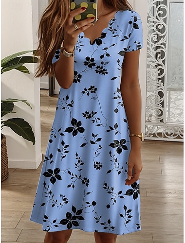  Damen Minikleid T-Shirt-Kleid A Linie Kleid Urlaub Lässig Täglich Normale Passform Blumen Grafik Kurzarm V Ausschnitt Blau Rosa Grün Dunkelblau Sommer Frühling