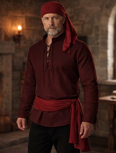  مجموعة عتيق / معتق العصور الوسطى عصر النهضة خوذة حزام الخصر قميص مع الملحقات أكمام طويلة قرصان رقبة دائرية ملابس تنكرية رجالي عيد الرعب مهرجان معرض النهضة LARP للبالغين قميص خوذة حزام الخصر كل الفصول