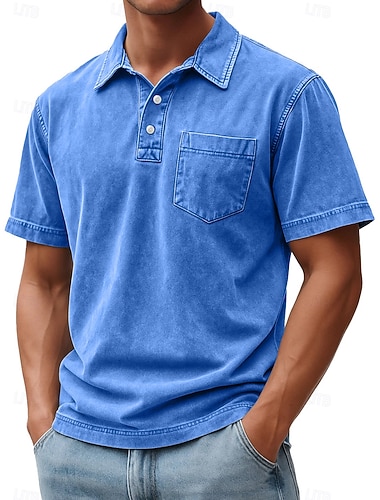  Herren Poloshirts Hemd aus 100 % Baumwolle in Säurewaschung Lässig Ferien Revers Kurzarm Mode Basic Einfach Jahrgang Betrübt Sommer Frühling Ganzjahres Normale Passform Dunkel Braun Schwarz Hellgrün