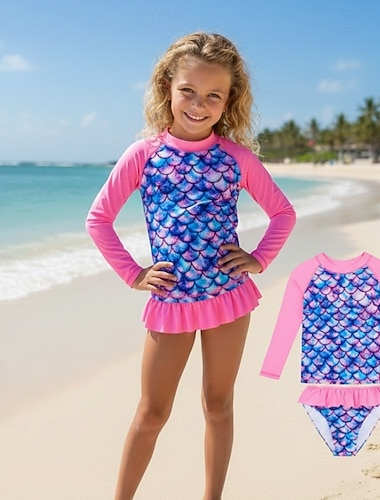  Barn Jente Badedrakt utendørs Strand Grafisk Ferie Tropisk Sport Badedrakter 4 år + Sommer Blå Lys Rosa