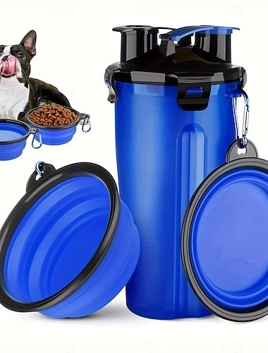  1 vann-/matkopp + 2 sammenleggbare skåler, sett. Reisevannflaske for hund med sammenleggbar skål, 2-i-1-fôrbeholder for kjæledyr med sammenleggbar skål. Bærbar utendørs vannskål, egnet for turer,