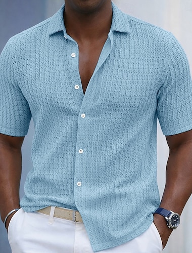  Voor heren Overhemd Zomer overhemd Overhemd met knopen Jacquard overhemd Cardigan blauw Zwart Wit Groen khaki Korte mouw Gestreept Met Textuur Modieus Revers Casual Alledaagse kleding Gat Kleding