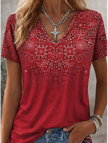  Dames T-shirt Afdrukken Bloemig Grafisch Vintage Stijlvol Klassiek Korte mouw V-hals Normale tops Dagelijks Wit / blauw Zwart Rood Zomer Lente
