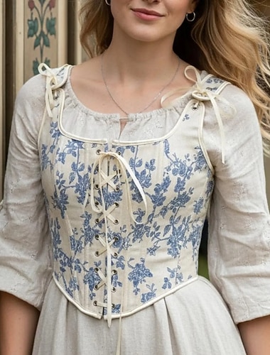  Médiéval Renaissance Cottagecore Corset Corsage Viking Paysan À lacets Fleuri Déguisement Femmes Celtique Fantaisie Halloween Carnaval Performance LARP Foire de la Renaissance Adulte Corset