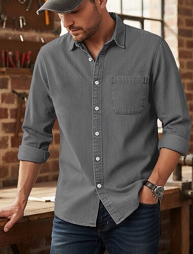  Herren Hemd Freizeithemd Knopfhemd Cargohemd Acid-Wash-Shirt Schwarz Hellgrün Wein Blau Purpur Langarm Einfach Revers Lässig Täglich Rein Bekleidung Vintage Mode Modern Lässig