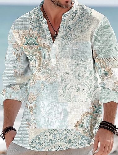  Herre Paisly Blomstermønster Blomster Skjorte Skjorte med knapper Henly-skjorte Langermet Etnisk Vintage retro Avslappet Feriereise Sommer Vår Kinesisk Krave Opprett krage 3D-utskrift Lin som skjorte