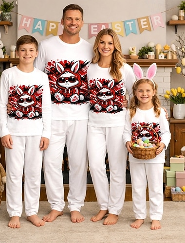  משפחה פסחא פיג'מות גראפי אַרנֶבֶת קזו'אל דפוס לבן אדום כהה אודם שרוול ארוך חופשה תלבושות תואמות
