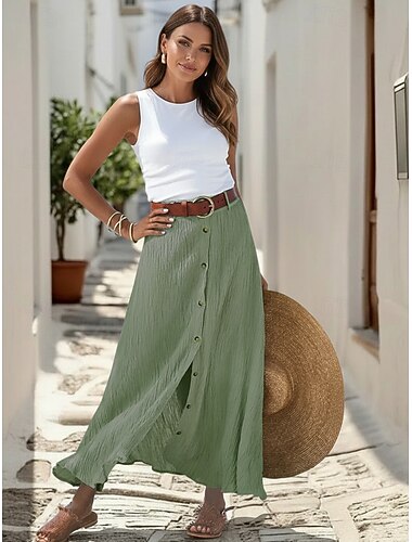  Damen Mode Küsten-Oma-Stil Sommer Maxi Röcke Einfarbig Geteilt Täglich Urlaub Schwarz Weiß Marineblau Orange Frühling & Sommer Polyester