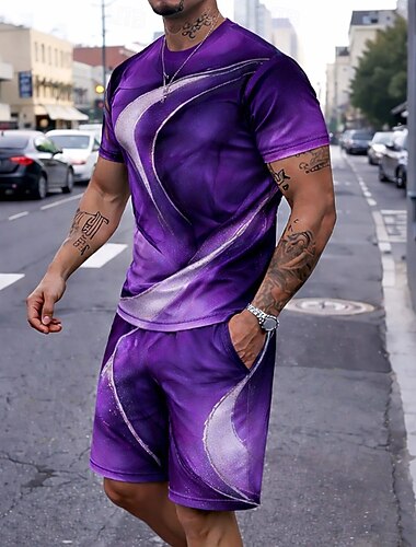  Herre Geometrisk Linje 2stk T-skjorter sett Sommertopper Kortermet Korte bukser Crew-hals Fritid trendy Daglig Feriereise 3D-utskrift Sommer Blå Lilla Grønn