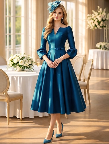  Ligne A Longueur thé Robes de Cocktail Robes de soirée Élégant Mère Manche 3/4 Col en V Formel robe demoiselle d honneur Satin avec Plis
