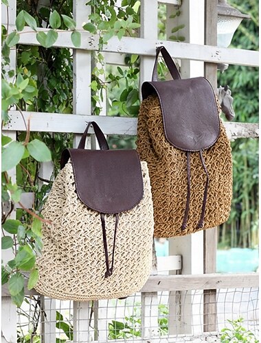  Damesrugzak van geweven stro in boho-stijl in ivoorkleurig kaki, ruime reistas met verstelbare schouderbanden, ideaal voor dagelijks gebruik, strandvakanties en uitstapjes naar resorts.